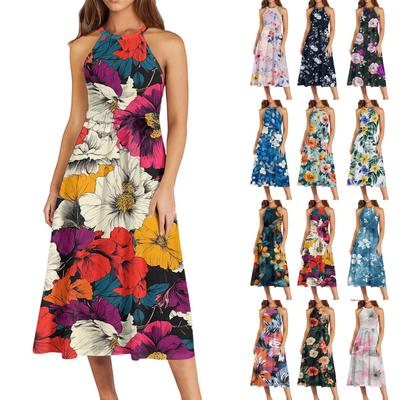 Женское повседневное платье миди с круглым вырезом, классическое, повседневное, без рукавов, свободное платье в стиле бохо с завязками, летний пляжный сарафан