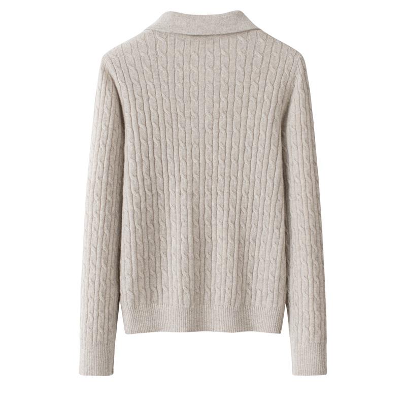 Women's 100% Pure Cashmere Cable Knit Lapel Sweater - Slimming and Versatile Pullover