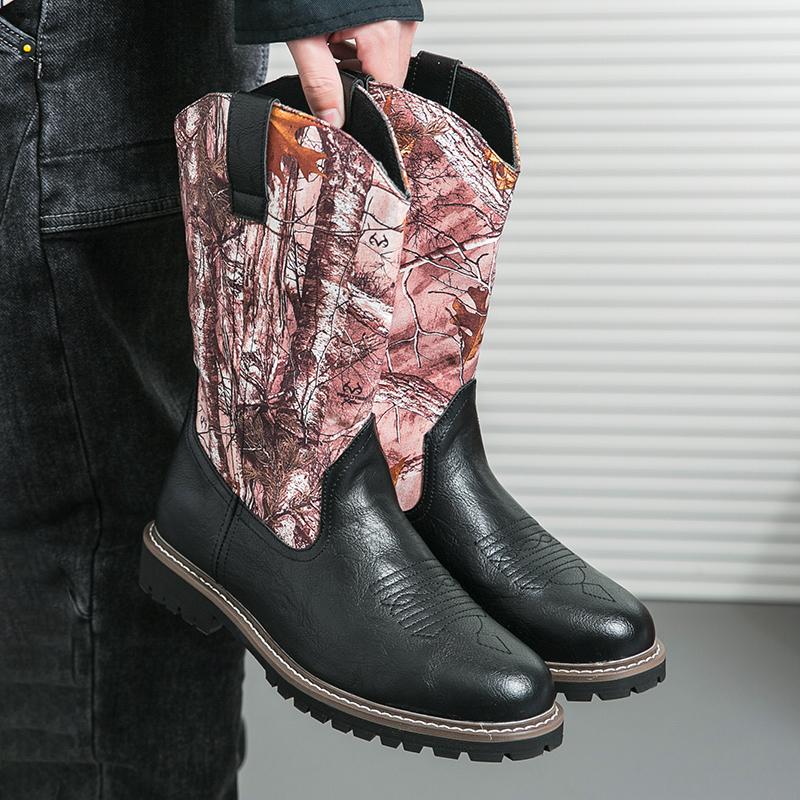 Men Knight Boots Black Brown Tall Work Boots European and American Style Leaf Graffiti Western Cowboy Motorcycle Boots Size 38-4
