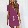 Women's Summer Casual Fashion Solid Color Drawstring V Neck Short Sleeve Dress