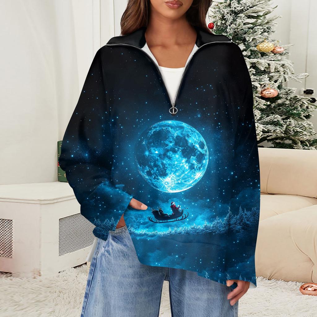 Женский повседневный свитер с полумолнией и лацканами со снежинками и разрезом сверху по бокам, модная одежда