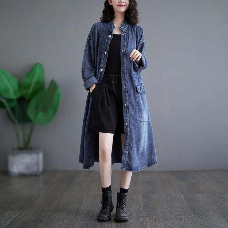 Vintage Denim Coat Spring Women Plus Size Casual Long Jacket Loose Oversized Cotton Pockets