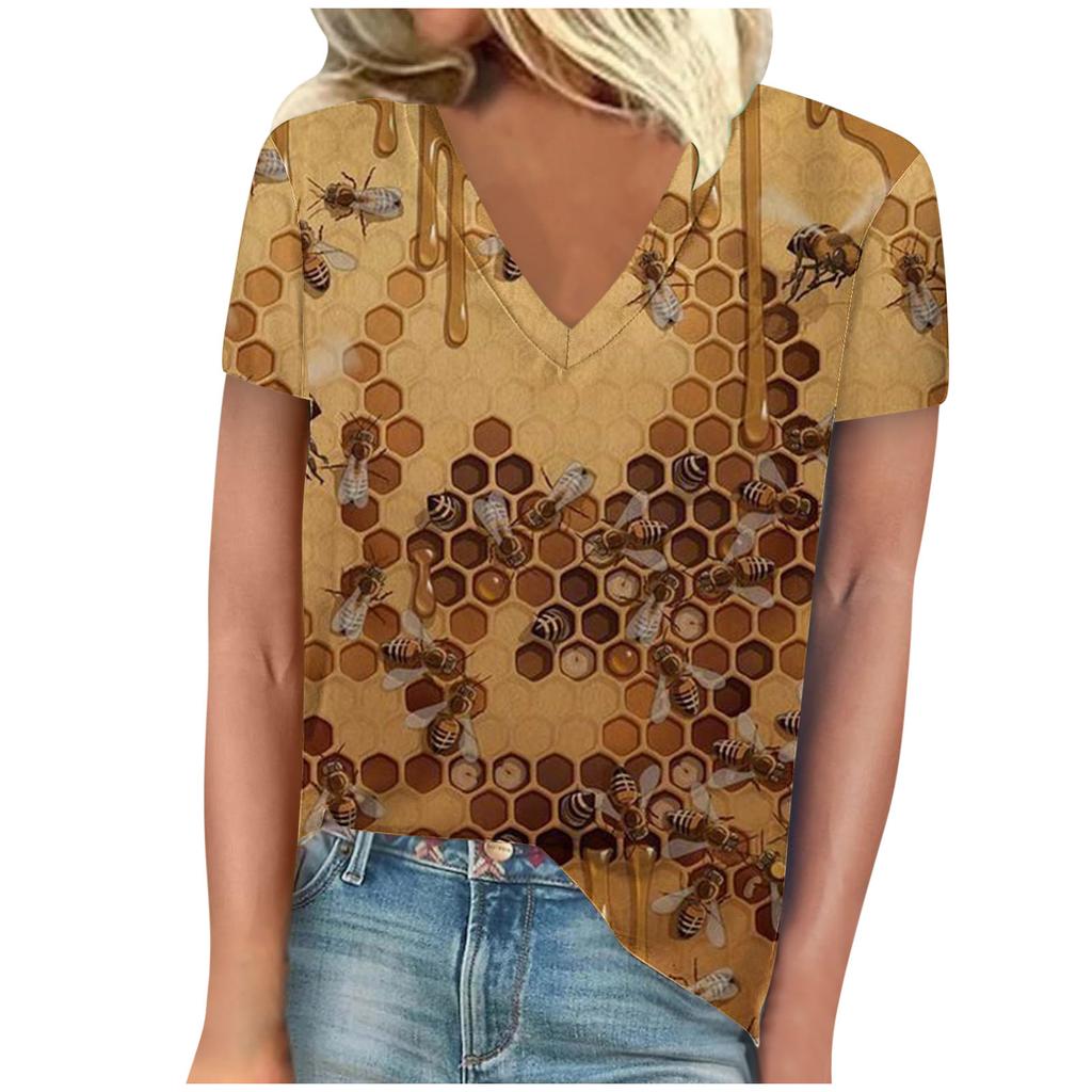Винтажная женская футболка с принтом пчелы, с коротким рукавом, с V-образным вырезом, удобные футболки