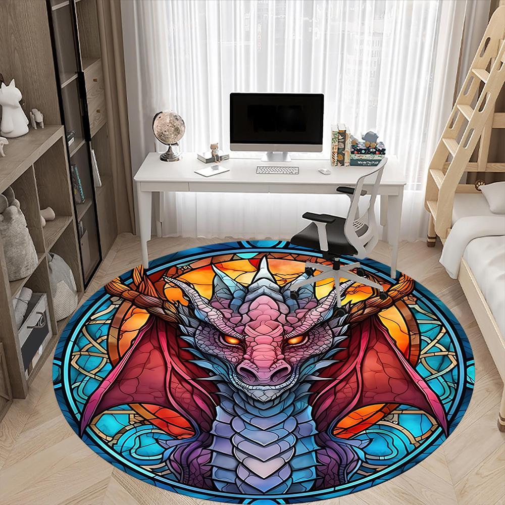 1pc Dragon StainedGlass Office Round Area Rug, Under Office Chairs Bedroom Living Room Home Decor, Room Deco, Available in Various Sizes