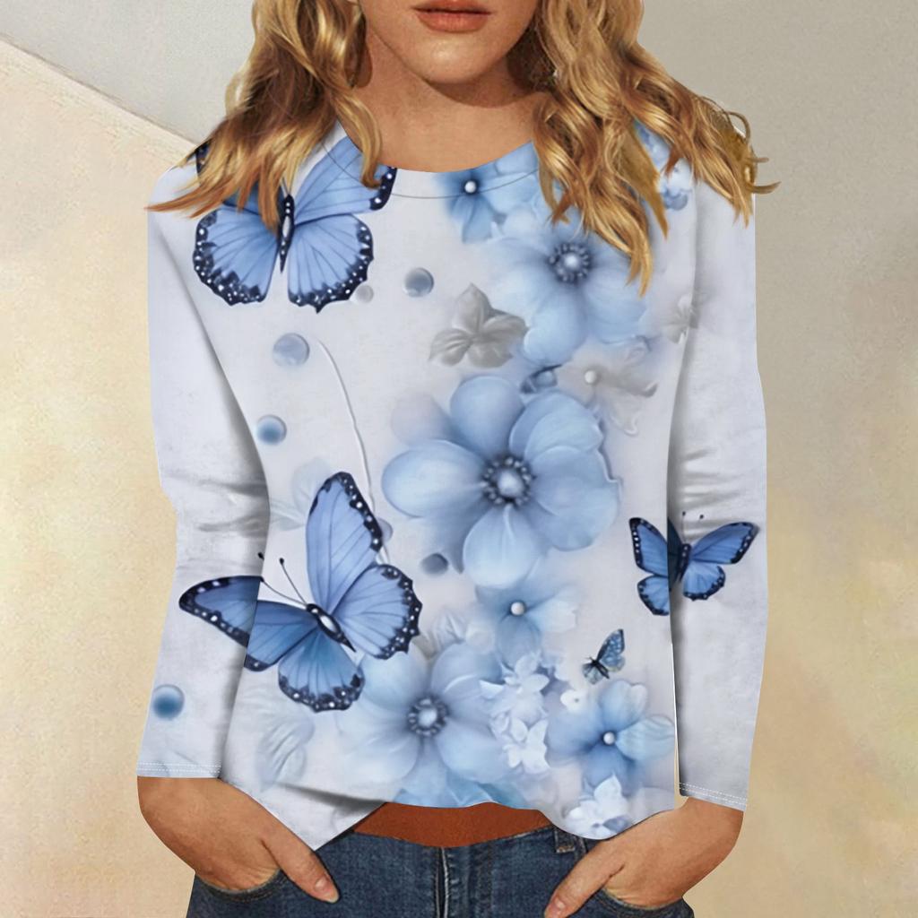 Женская модная повседневная футболка с круглым вырезом и длинным рукавом с принтом, топ