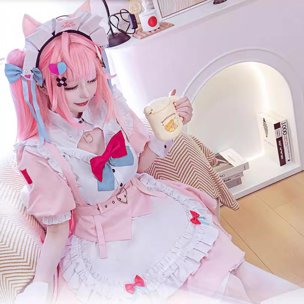 [Milky Time] Sakuna Yuki VTuber Halloween Cosplay, Women's Pink Maid (M)