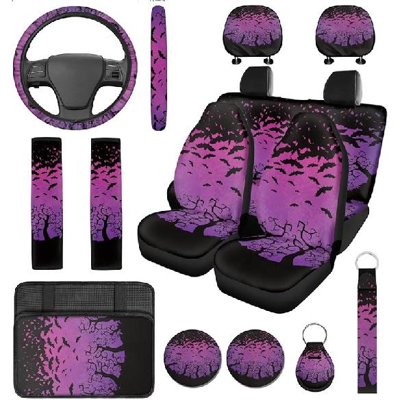 Красные чехлы на сиденья автомобиля с паутиной, с чехлом на рулевое колесо, подушкой для подлокотника, накладками на ремни безопасности, подстаканником с брелоком, универсальный комплект для защиты автомобиля