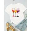 Wine Glass Pattern Printed T-Shirt, Spring/Summer Casual Round Neck Cartoon Short Sleeved Top, Women'S Spray Painted Clothing