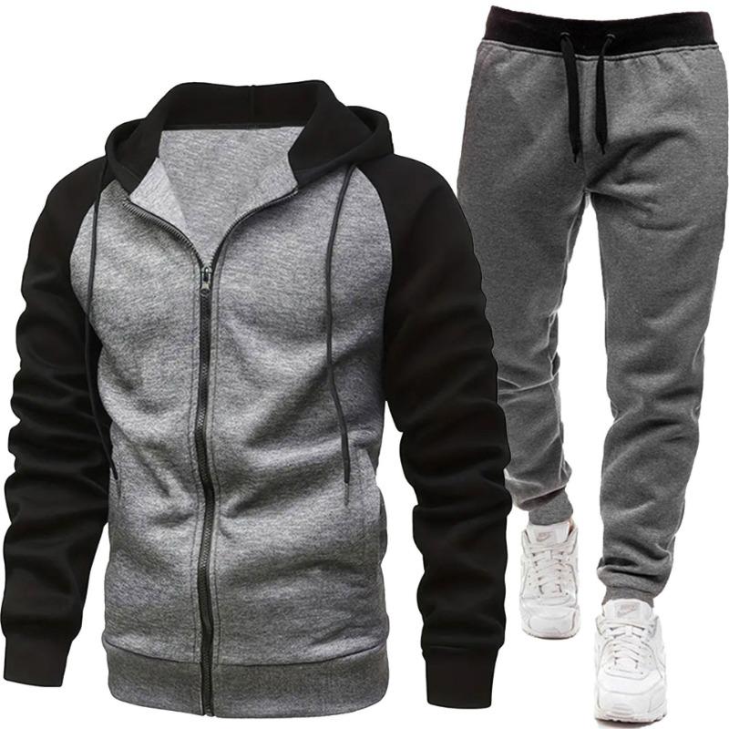 Men's Fashion Color Blocked Coat Long Sleeve Casual Sports Set Men's Top Pants