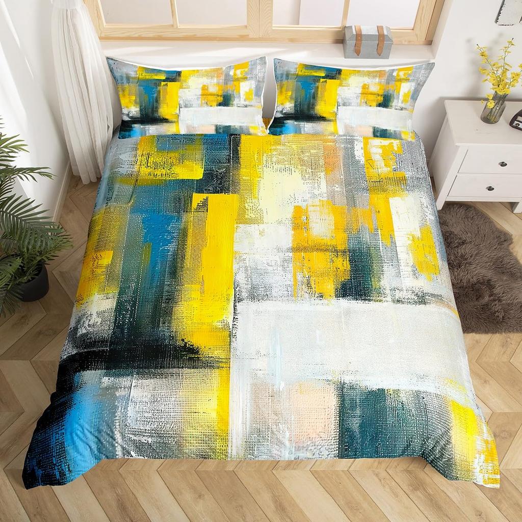 Yellow And Grey Themed Duvet Cover Sets Queen Lightweight Down Quilt Covers Bedroom Decor Abstract Art Bedspread Covers No Quilt