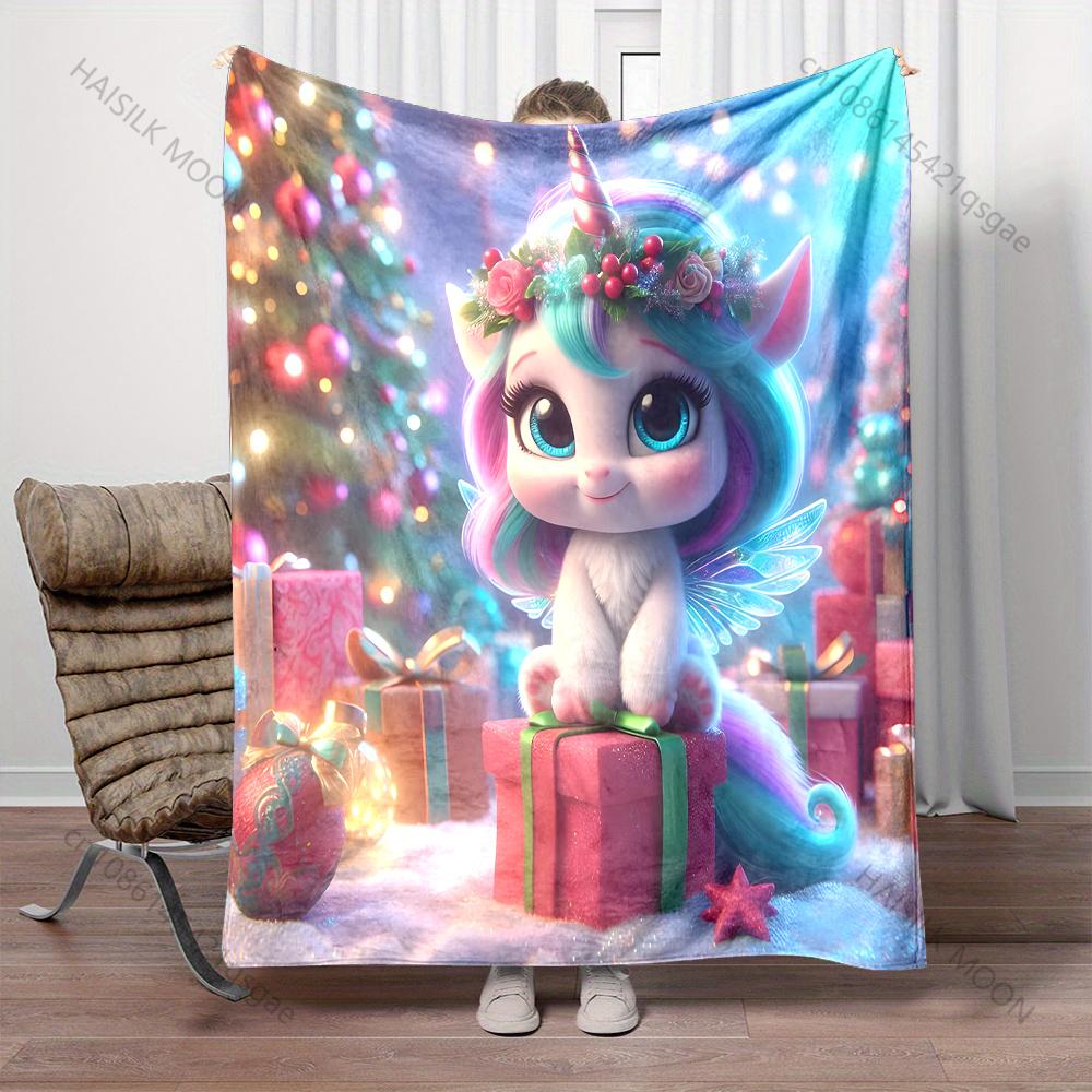 Colorful Festive Unicorn and Presents Pattern Blanket Flannel Material Soft Warm for All Seasons Home Outdoor Camping Picnics RV