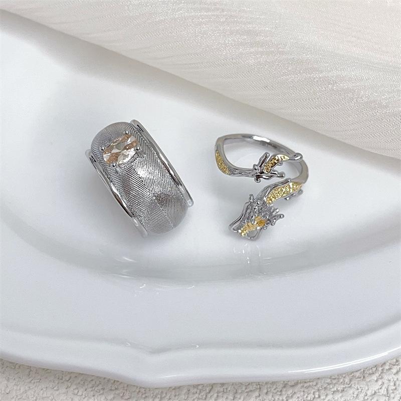 Dragon-Shaped Design Open Ring Chinese Style Gold-Plated Diamond-Set Luxury Retro Personality Advanced Sense Asymmetrical Ring Woman