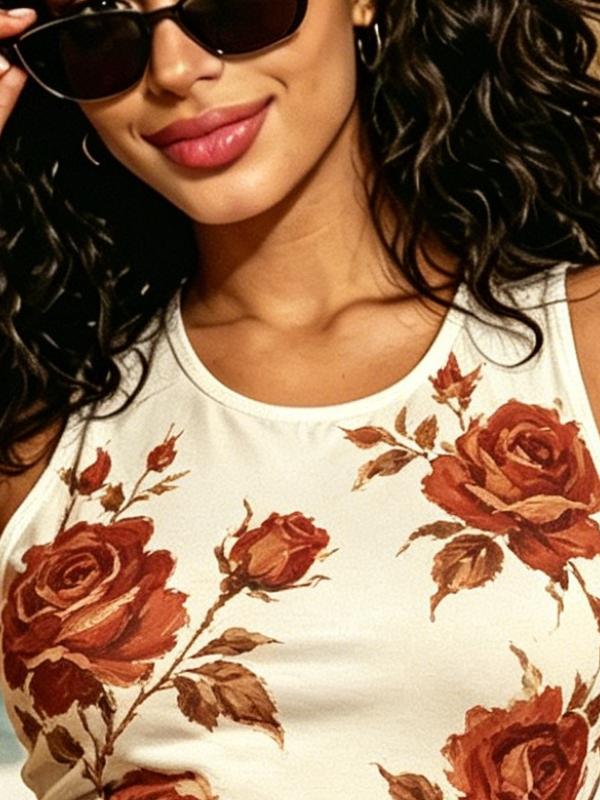 Женское мини-платье bodycon без рукавов с цветочным принтом в винтажном стиле (красные розы на кремовом фоне), облегающее с завышенной талией, летнее пляжное платье