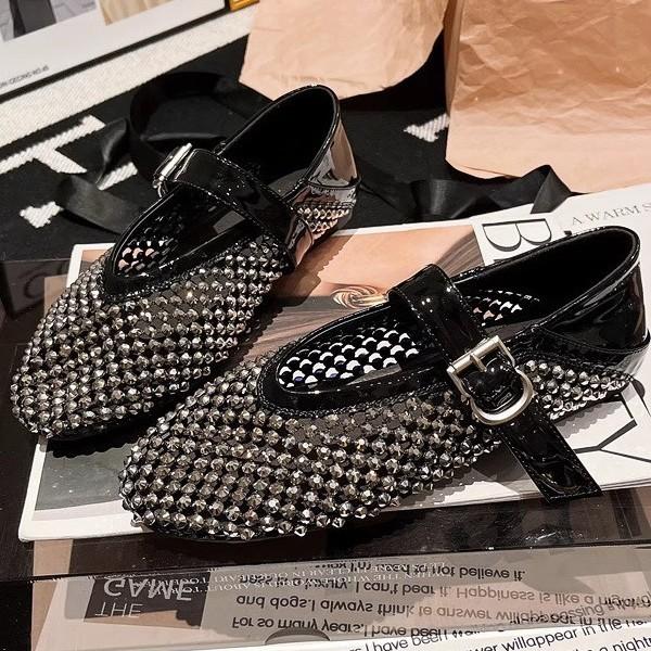 Версия из мягкой кожи~ Европейские стразы, полностью усыпанные бриллиантами, ажурные, одно слово Мэри Джейн, плоская подошва, одинарная обувь, головка сумки, сан