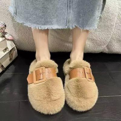 Плюшевые тапочки с пряжкой на ремне, женская обувь, новинка осени и зимы, толстая подошва, домашние тапочки с закрытым носком из плюшевого хлопка