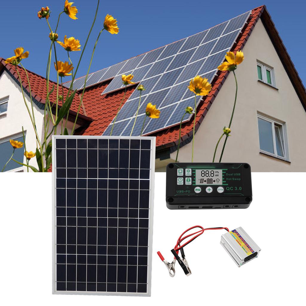 30W Solar Panel Kit with 220W Inverter and MPPT QC3.0 Controller, Portable Solar for RV Camping Boat Car 12V Battery