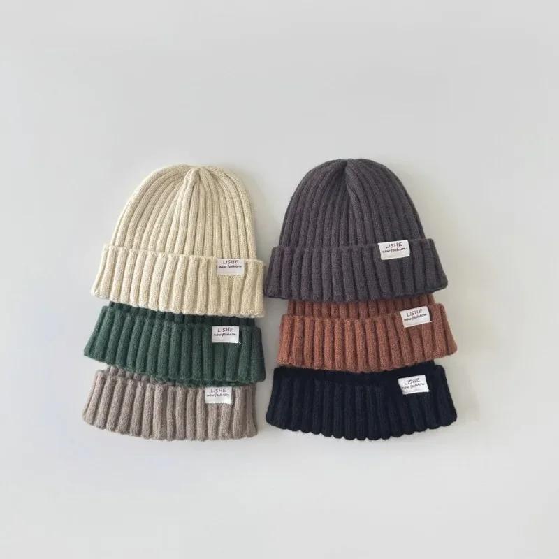 Autumn Winter Warm Furry Beanie for Young Kids Chic Retro Candy Color Crochet Bonnet Thicken Warm Toddler Knitted Hat