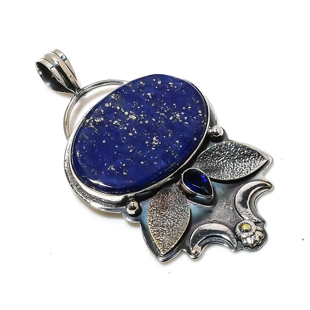 Натуральный лазурит, драгоценный камень синий сапфир, серебряный кулон из стерлингового серебра 925 пробы - Дизайн ручной работы, Украшение для повседневной носки, Уникальный подарок-кулон