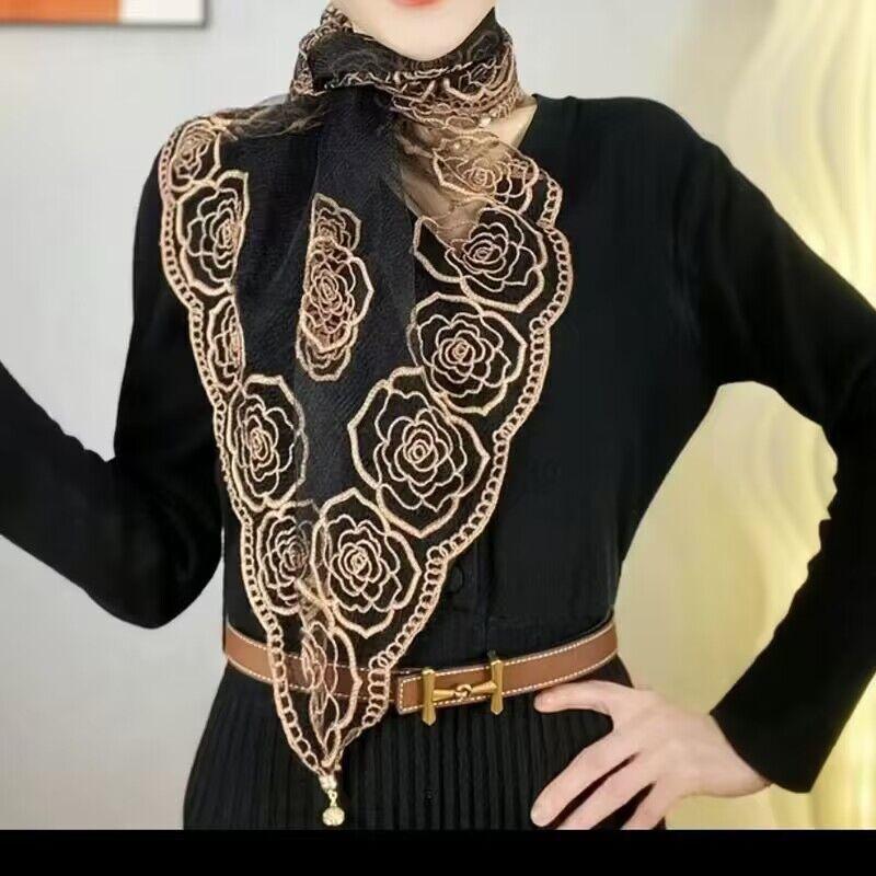 Embroidered Magnetic Button Versatile Spring and Summer Travel Multifunctional Thin Scarf for Women's Sun Protection Fashion Gauze Scarf