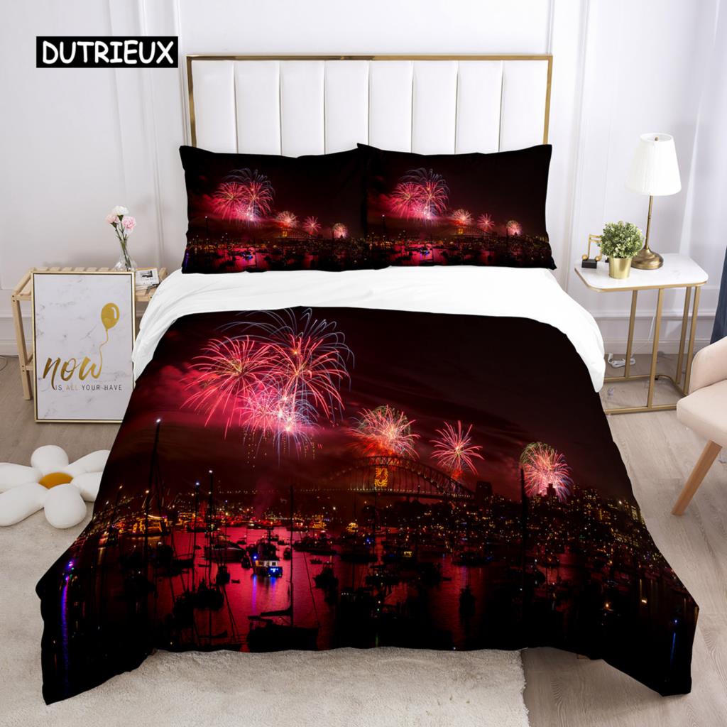 Пододеяльник Firework Queen Size, комплект постельного белья с разноцветными огнями, микрофибра, тема «Празднование Рождества», мягкий чехол для одеяла
