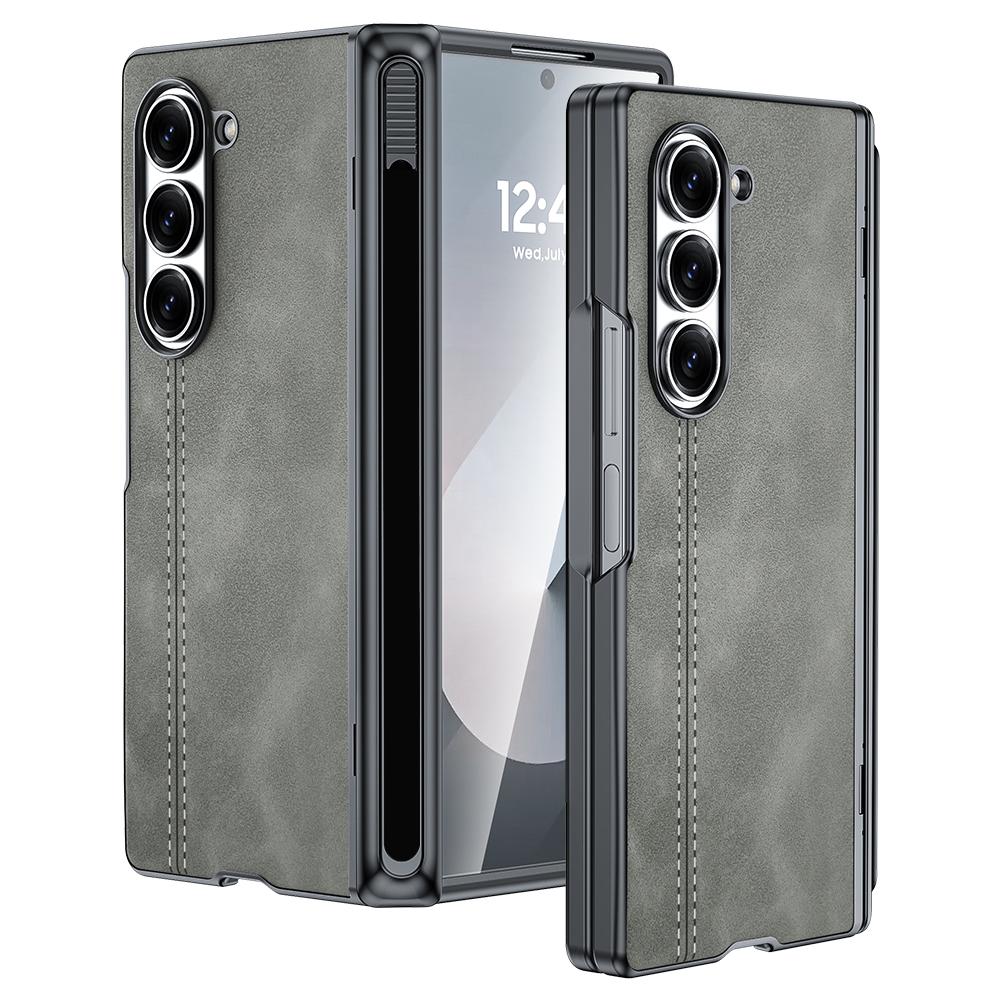 For Samsung Galaxy Z Fold 6 Phone Case With S Pen Holder, Hinge Protector and Screen Protector PU Leather Matte PC-Black
