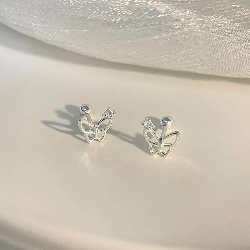 Корейские серьги-гвоздики из серебра 925 пробы для пирсинга козелка, спиральные серьги-гвоздики для женщин, 2 шт., бабочка, сердце, модные украшения для пирсинга ушей
