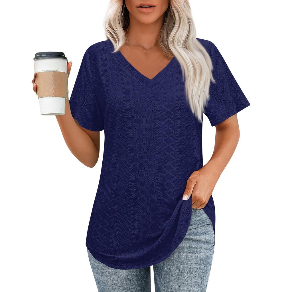 Womens T Shirts V Neck Short Sleeve Casual Tops Loose Fit Basic Tees With Curved Hem