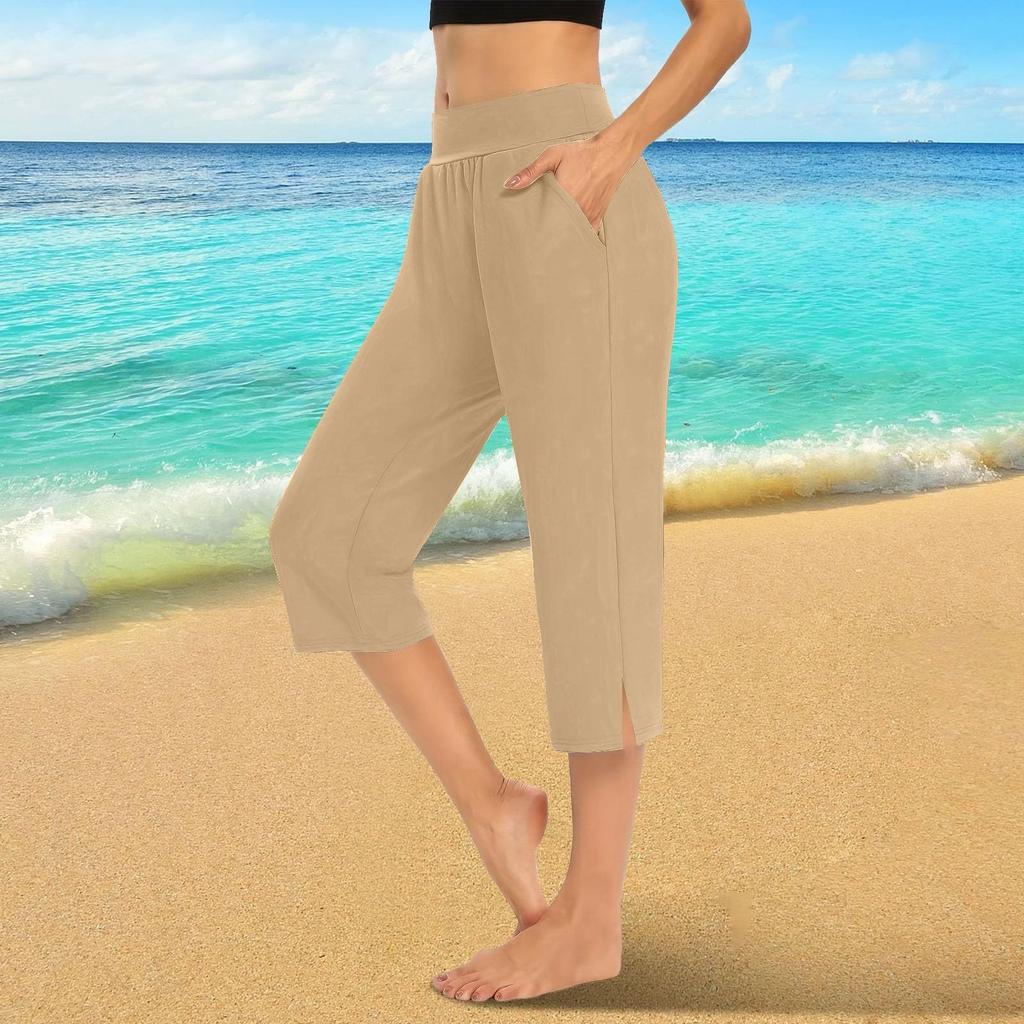 Женские эластичные брюки 3/4 с высокой талией, повседневные брюки-капри с широкими штанинами для активного отдыха, брюки с карманами