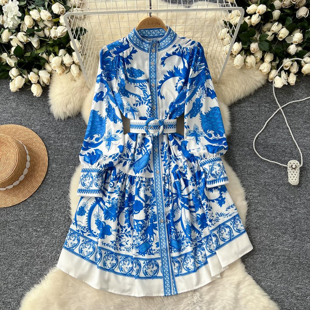 Весна Осень Винтаж Дворцовый Принт Подиумное Платье Женские Длинные Рукава Вечерние Короткие Платья С Поясом