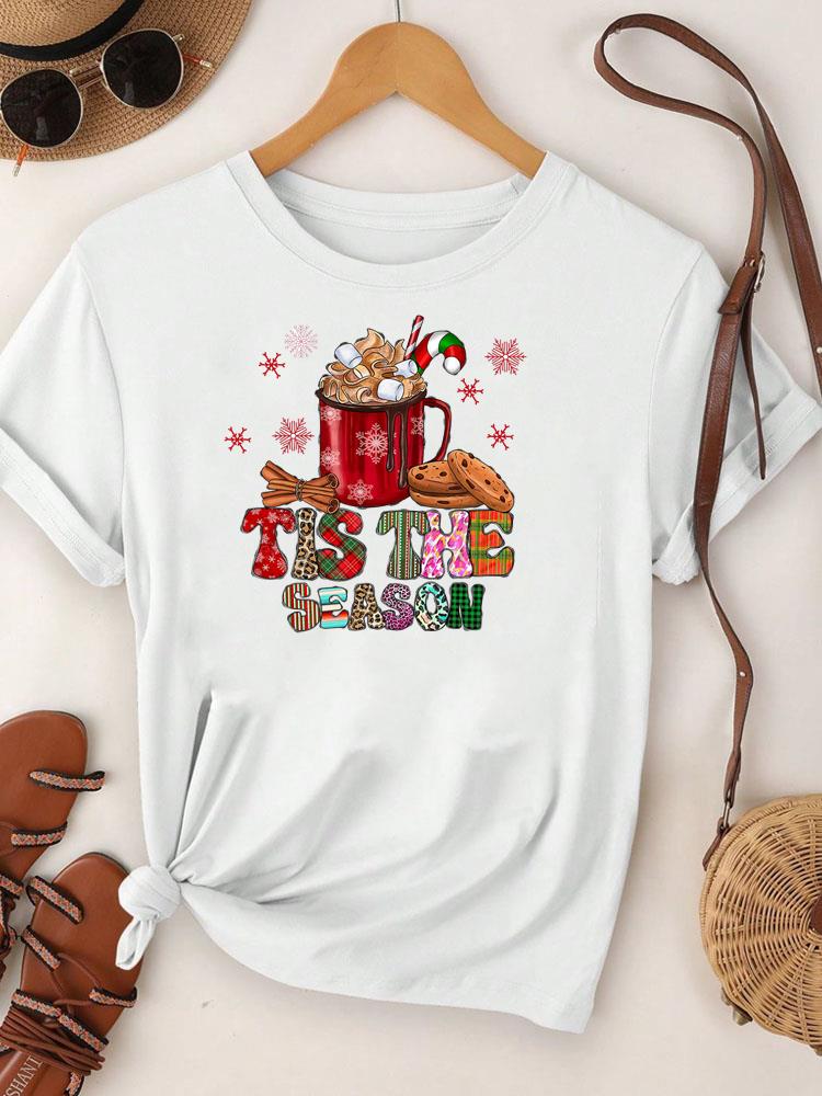 (Asian Size) Merry Christmas Tee Top Festival New Year Holiday Casual Lovely Letter Trend Women Print Lady Short Sleeve Fashion Graphic T-shirts