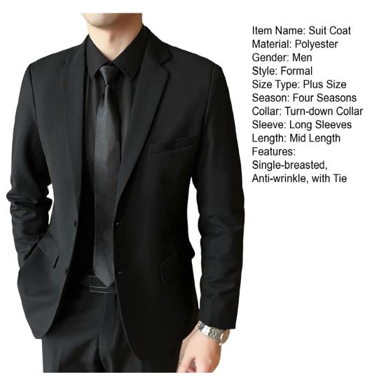 Men Suit Coat Formal Business Style Black Jacket with Tie And Pockets Plus Size Turn-down Collar Single-braested Office Wedding Business Trip Clothes