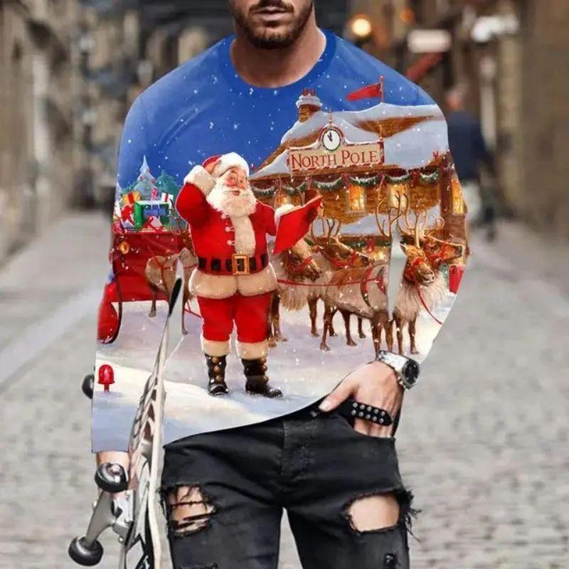 Новый год мужской рождественский Санта праздничный узор мода повседневный О воротник длинный рукав свободный уличный индивидуальный веселый плюс размер топ