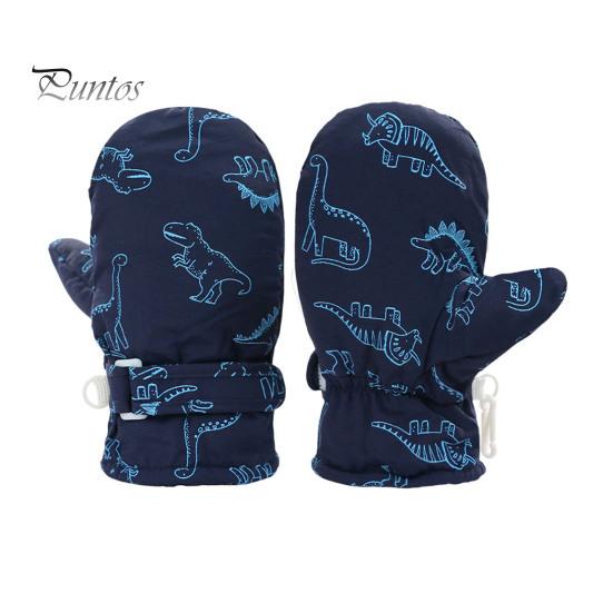 1 Pair Children Winter Mittens Thick Plush-lined Windproof Cartoon Dinosaur Cold Weather Outdoor Gloves Adjustable Fasten Strap Anti-Slip Ski Gloves