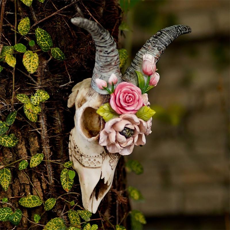 Wall Sculpture Simulation Flower Goat Skull Artwork Props 3D Animal Crafts Decor