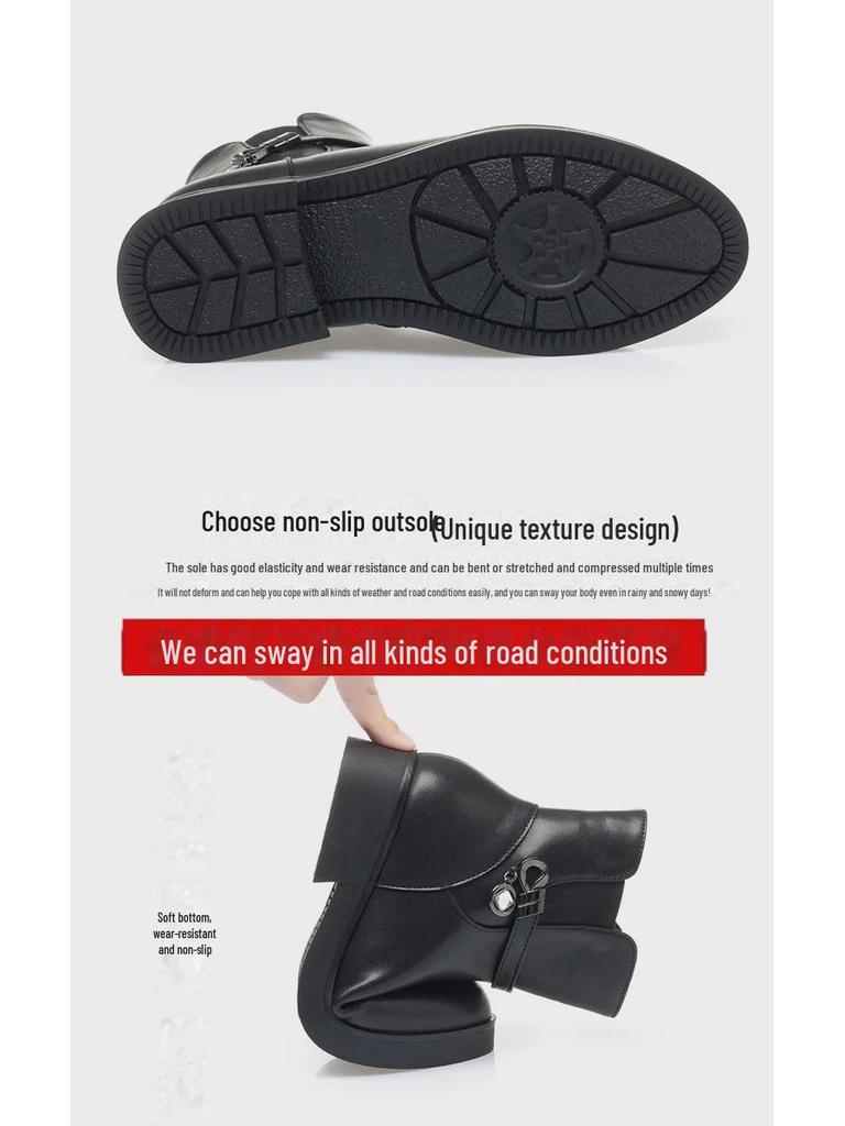 Women's Winter Flat Boots: Thick-Heeled Cowhide with Warm Velvet for Middle-Aged & Elderly