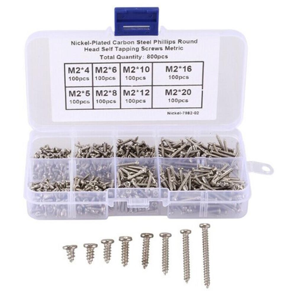 800pcs M2 Round Carbon Steel Nickel-Plated Silver Disc Self-Tapping Screw Combination Set