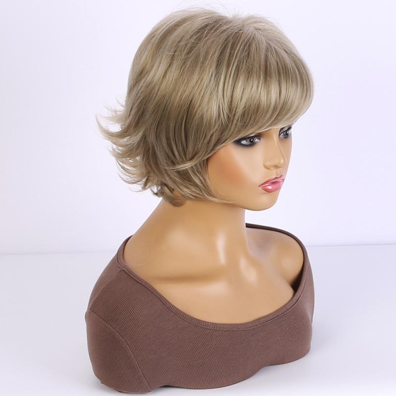 Женский короткий темно-коричневый блондин синтетический парик Натуральный пушистый вьющийся парик с боковой частью с челкой для женщин Ежедневное использование Косплей Термостойкое волокно