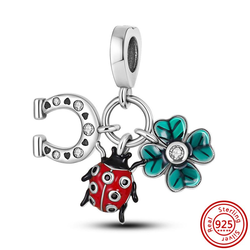 925 медь Пчела Гусеница Бабочка Стрекоза Божья коровка Четырехлистный клевер Шармы-талисманы Подходят для браслета Pantaro Изысканный циркон Подарок