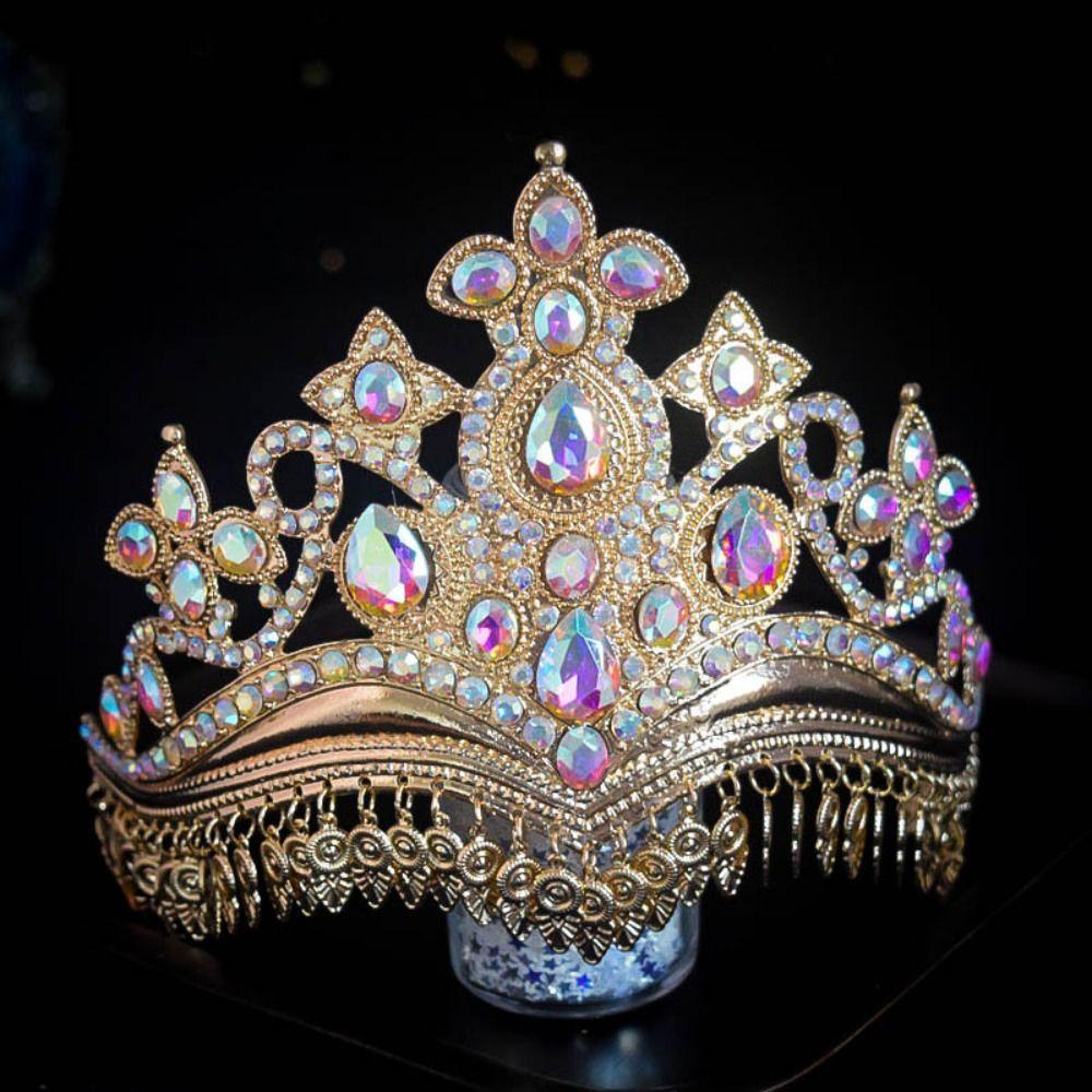 Gold Princess Hair Tiara Shiny Rhinestone Crown Luxury Ethnic Dance Crown Wedding