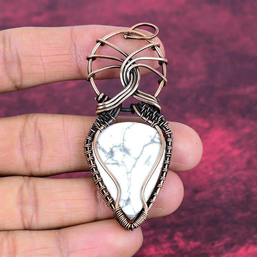 Howlite Gemstone Pendant Copper Wire Wrapped Handmade Pendant Designer Jewelry