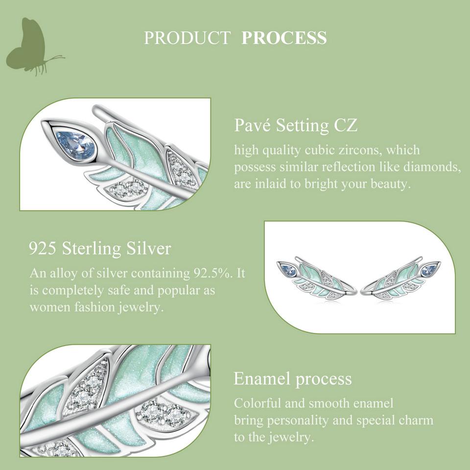 Женские серьги-гвоздики BAMOER из стерлингового серебра 925 пробы с мятно-зеленой эмалью и перьями, подарок на день рождения, изысканные ювелирные изделия