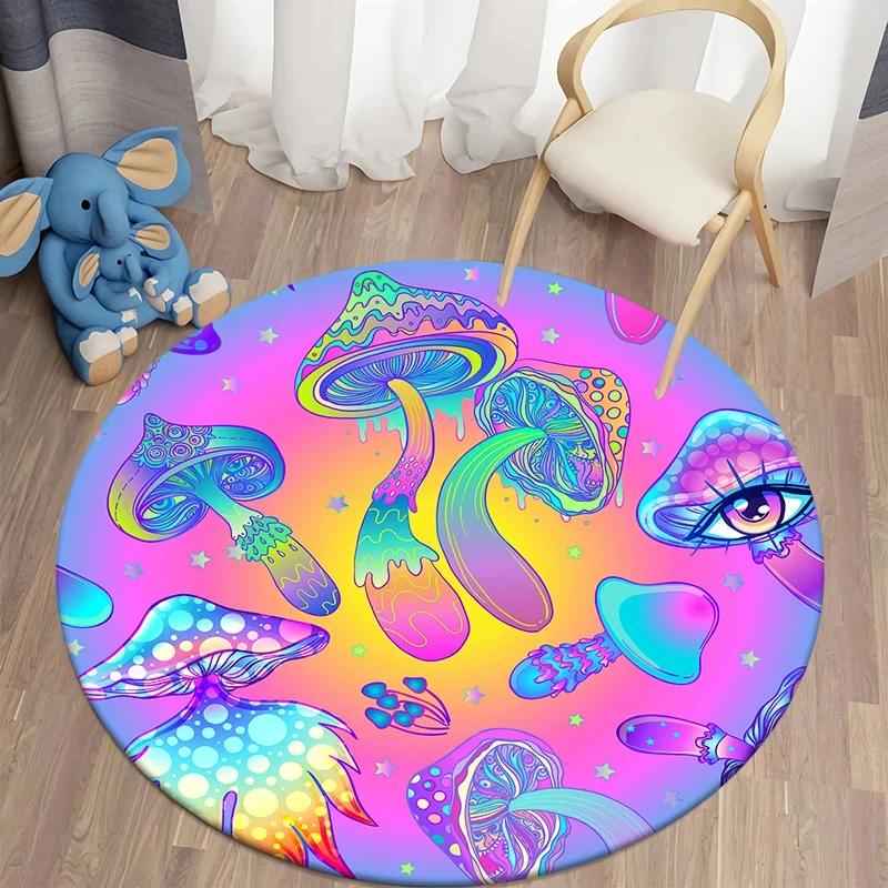 Psychedelic Mushroom Round Carpet Boho Mushrooms Area Rug for Home Living Room Children's Room Decor Non-slip Circle Floor Mat
