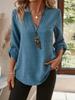 Solid Color Women Fashion Casual Long Sleeve Notch V-neck Shirt Woman