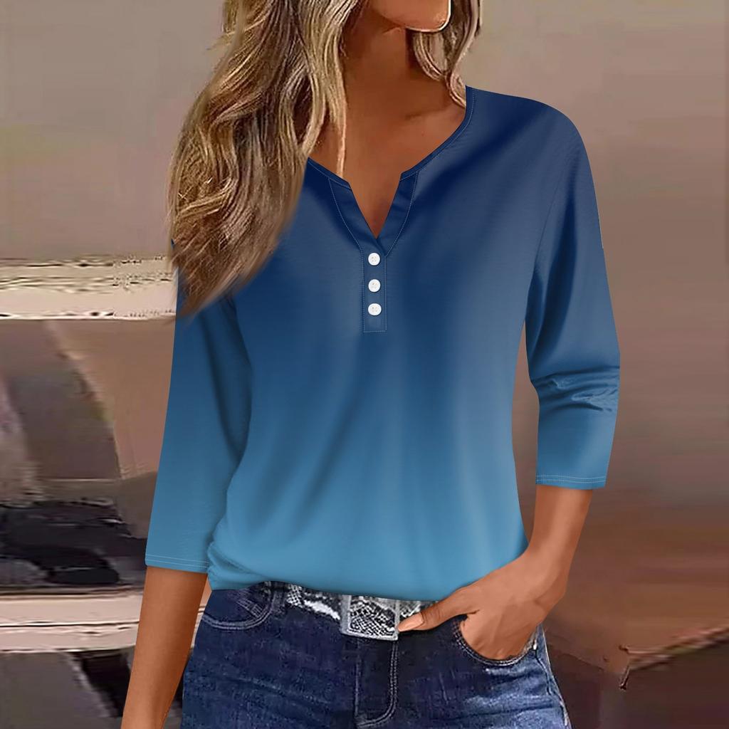 Жен. Футболка Футболка С принтом Пуговицы Рукав 3/4 Повседневные Выходные Мода Классический Классический V-образный вырез Обычный Верх