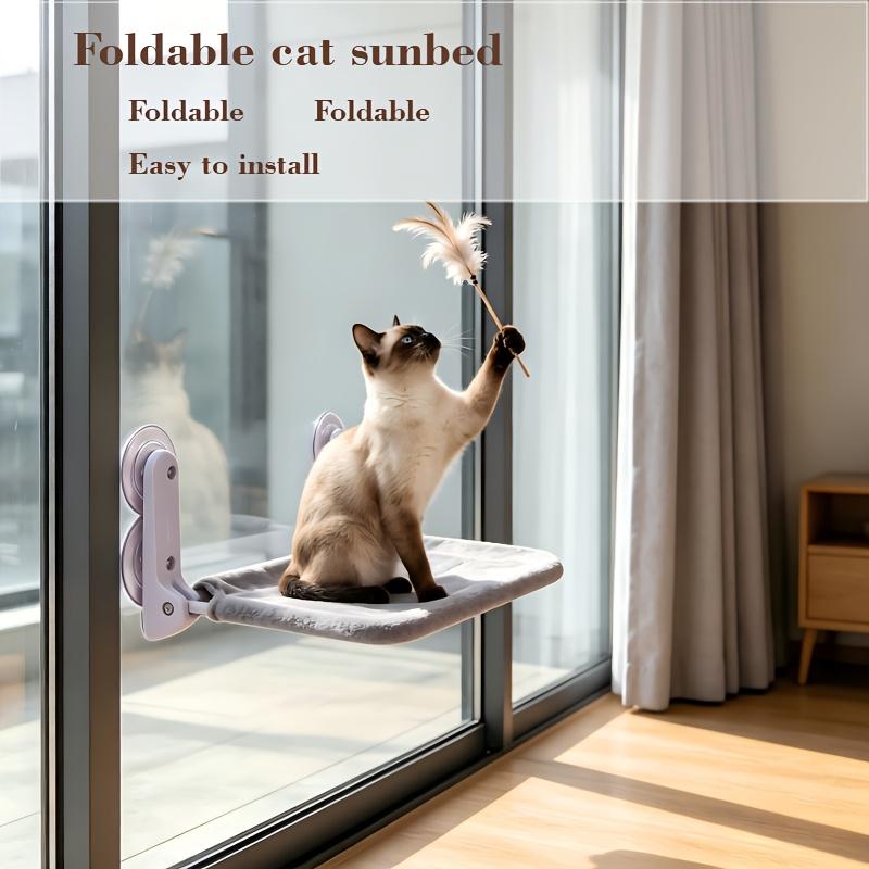 Cat Window Perch Set (1pc Cat Mat And 4pcs Strong Suction Cups), Foldable Window Sill, with Sturdy Metal Frame, Wireless Window Sill Cat Resting Seat
