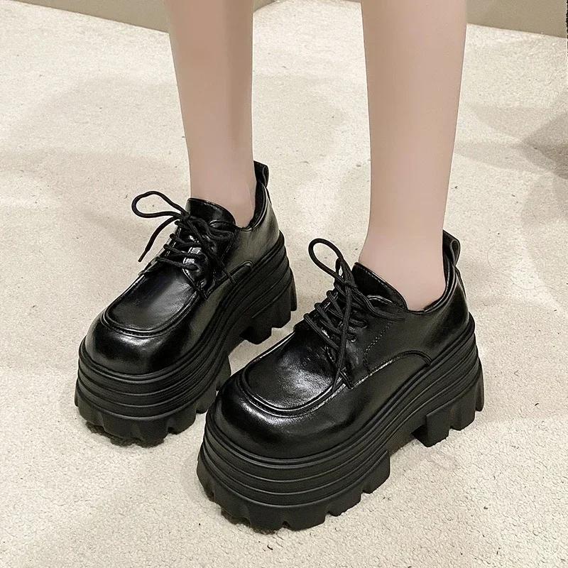 Модные 9 см Новые Женские Зимние Теплые Кроссовки На шнуровке Высокая Платформа Кожаная Обувь Женская Готическая До щиколотки Рок Ботинки Толстая Подошва Меховая Обувь
