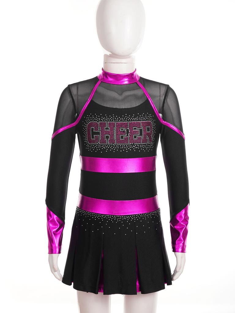 Kids Girls Cheerleading Dance Dress Letter Pattern Shiny Metallic Long Sleeve Pleated Dress