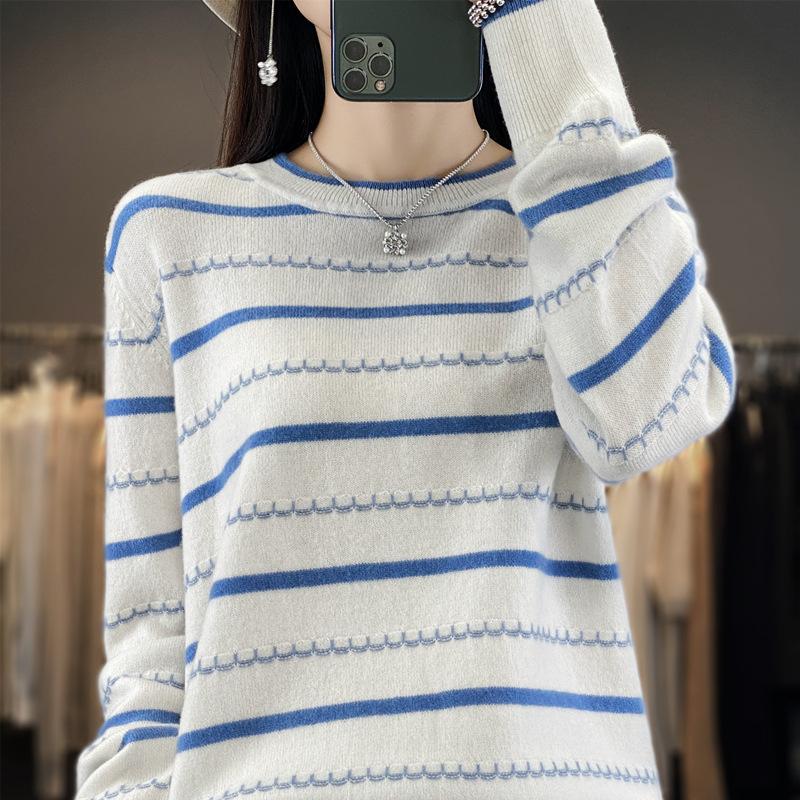 Полосатый свитер с длинными рукавами, женский осенне-зимний трикотаж с круглым вырезом