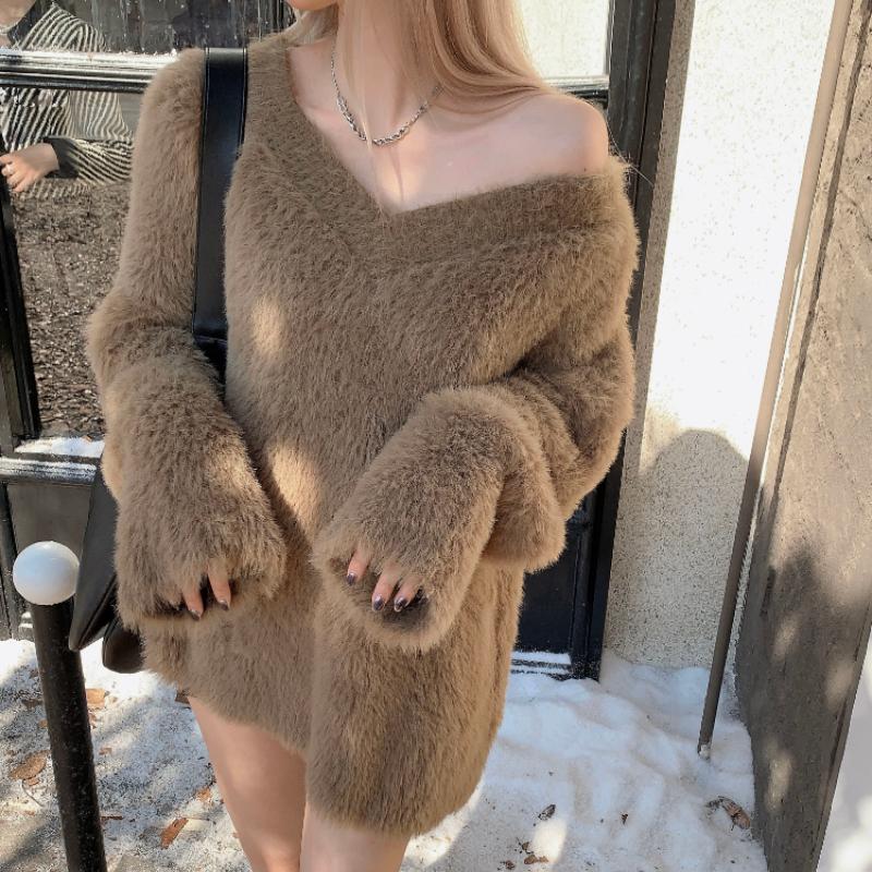 2023 зимний элегантный свитер с v-образным вырезом, женская повседневная верхняя одежда, вязаный пуловер из искусственного меха, офисная женская одежда Y2k, корейская модная шикарная одежда