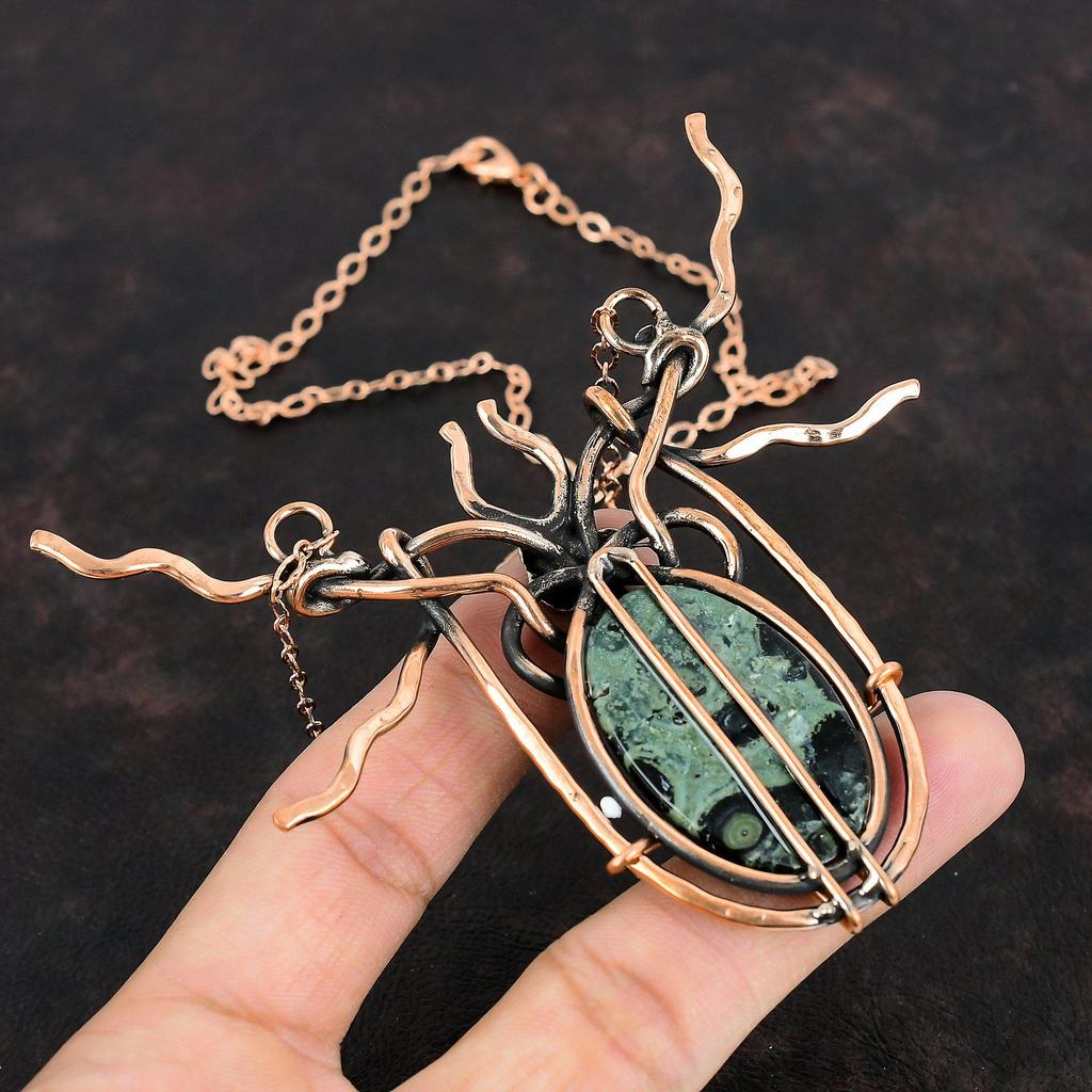 Ожерелье из камбабской яшмы, ожерелье, обмотанное медной проволокой, ожерелье с регулируемой цепочкой, медные украшения, ожерелье с драгоценным камнем, украшения ручной работы для подарков